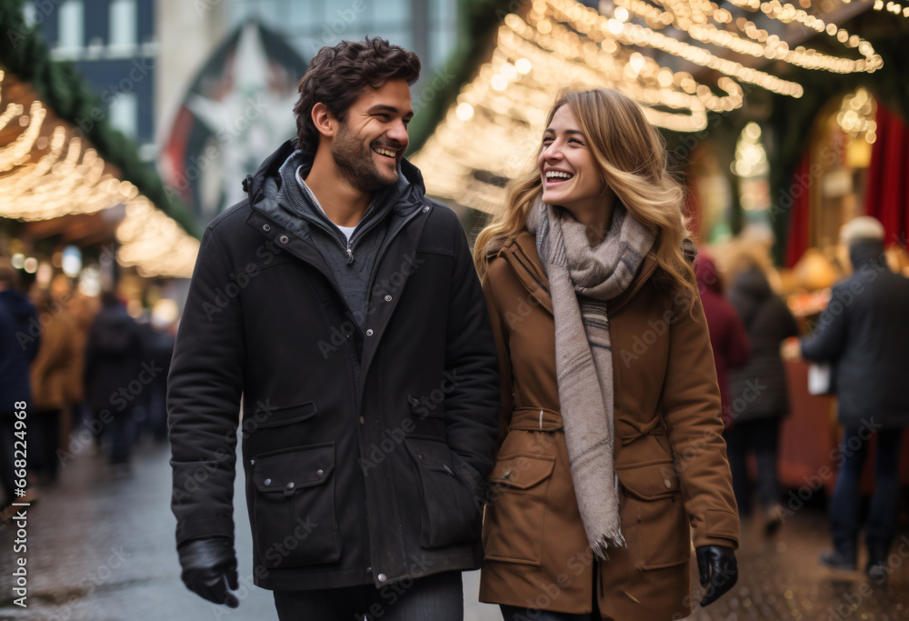 A happy young couple in winter clothes walks around outside Christmas market 