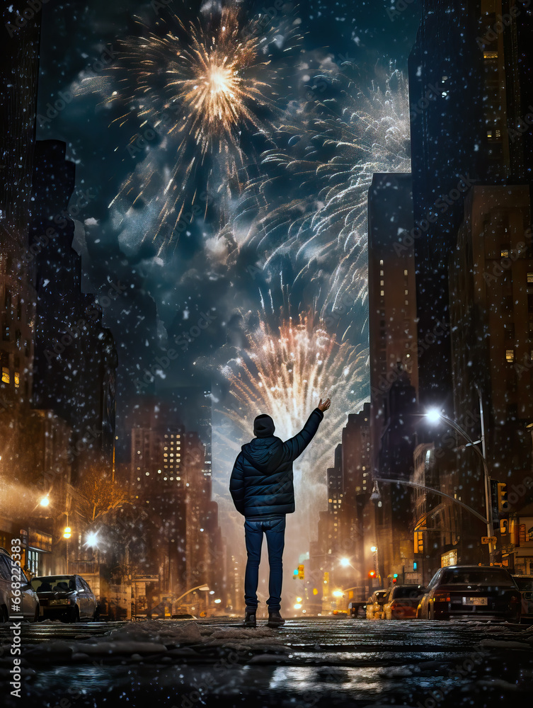 Back view of man standing in the street a winter night under christmas fireworks on New Year's Eve