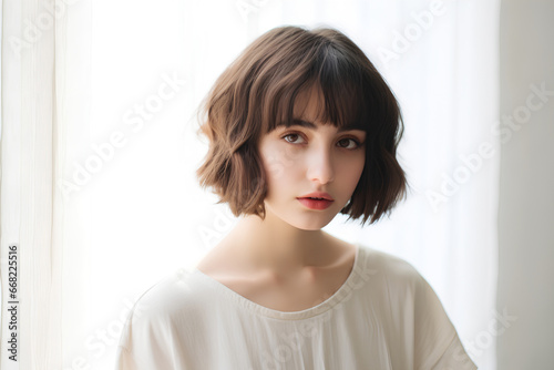 Young woman with short bob haircut on light background