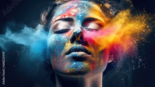 Advertising shot, woman face in multi-colored powder particles, energy, portrait on pure color background