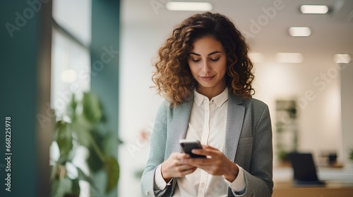 Female entrepreneur using smart phone in bright office. generative AI photo