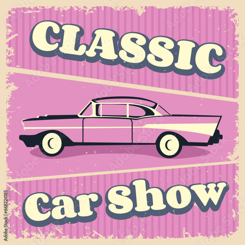 Retro vintage car poster in trendy pink color with editable text effect