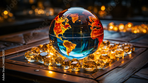 Glass globe sitting on top of table surrounded by crystal balls.