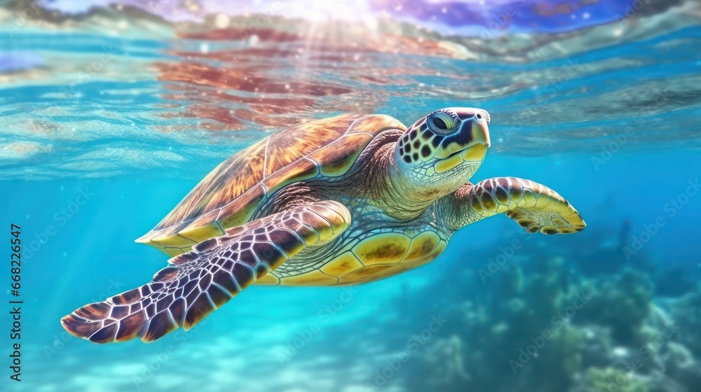 Obraz premium turtle with group of colorful fish and sea animals with colorful coral underwater in ocean