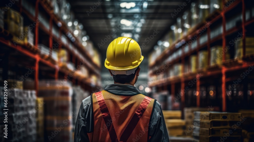 Worker in a warehouse, Man in high visibility vest, blurred shelves stacks background. Generative AI