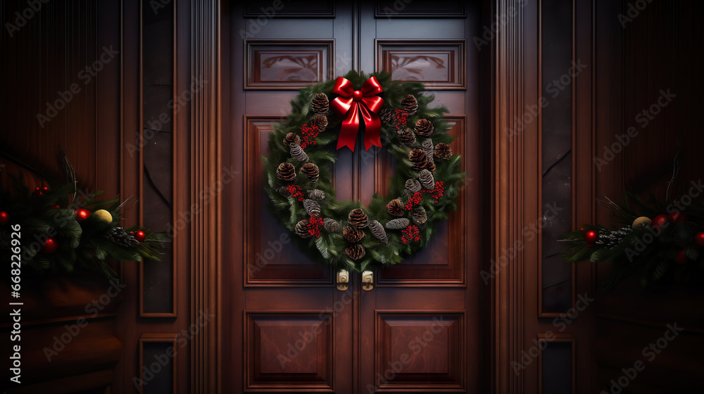 Christmas wreath on a dark panelled front door Christmas wreath on a dark panelled front door