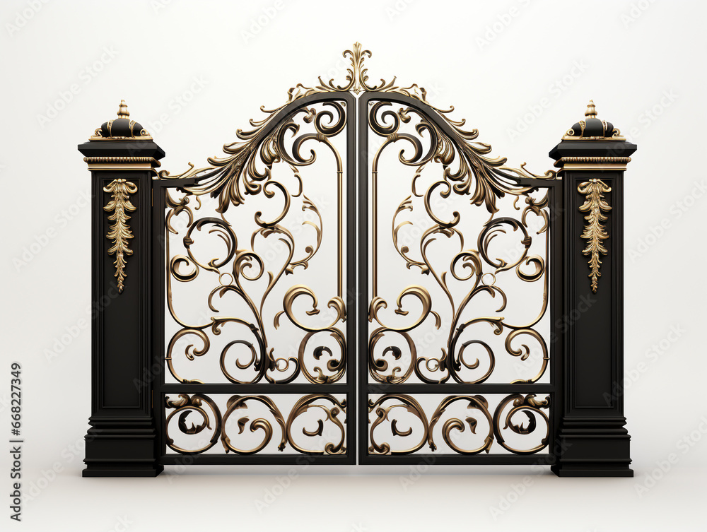 3D image of a decorative and luxury gate. Has 2 door openings. Floral motif carving fills both the door leaf and the door post.