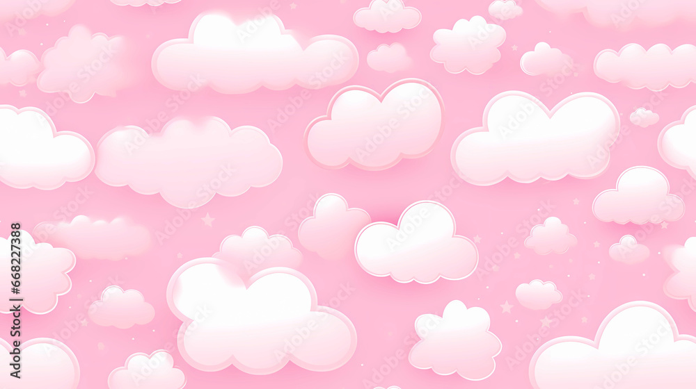 White 3d realistic clouds on a pink pastel background. soft round cartoon fluffy clouds seamless wallpaper, mural, background crafts, paper, scrapbooking, artwork, wall mural