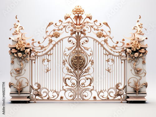 3D image of a decorative and luxury gate. Has 2 door openings. Floral motif carving fills both the door leaf and the door post.