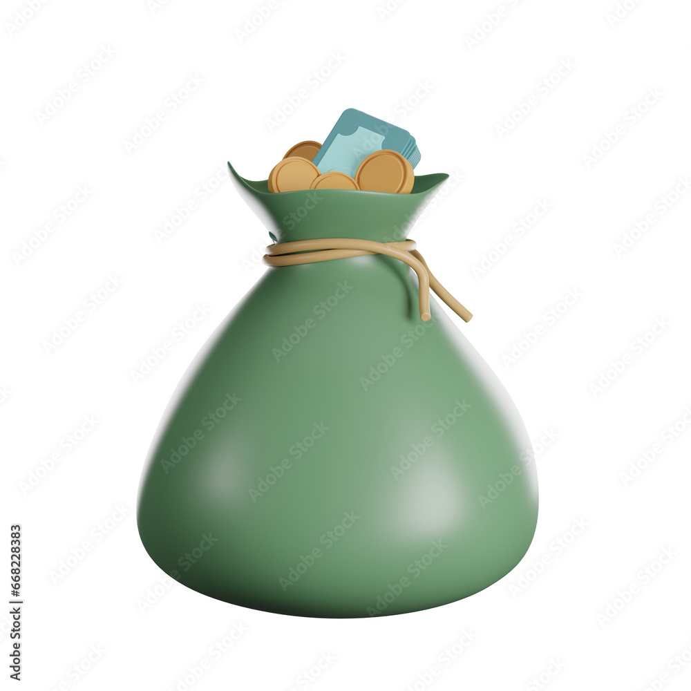Money bag with golden coins and banknotes, money saving concept, Business Finance and Investment, 3d rendering. Money bag with golden coins and banknotes, money saving concept, Business Finance and Investment, 3d rendering.