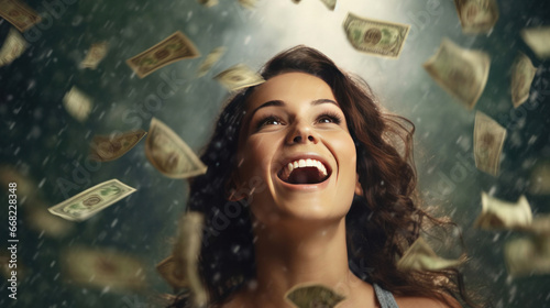 a Beautiful woman winning a lottery concept. Smiling young woman, happy expression, mouth open of excitement - money banknotes flying in air around. © tong2530