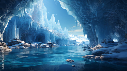 A surreal ice cave with crystal-clear blue walls, formed by centuries of glacial movement, creating a captivating, icy wonderland