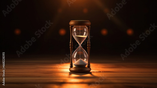 A hourglass isolated on wooden floor.