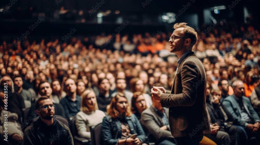 Back view of male giving speech in front of audience  - obrazy, fototapety, plakaty 