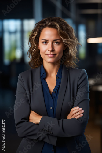 Woman with her arms crossed posing for picture in suit. © valentyn640