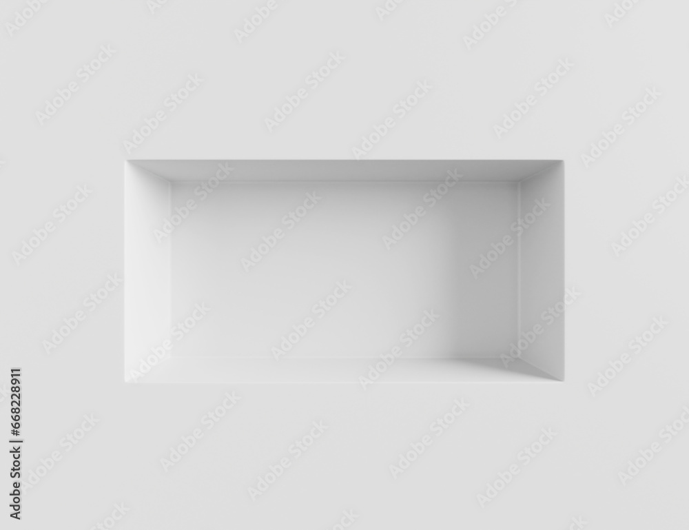 3d render white wall with rectangle shelf, empty niche in bathroom. Mockup blank showcase for exhibits in museum, gallery or studio. Window in store, bookshelf in home interior room. 3D illustration - obrazy, fototapety, plakaty 