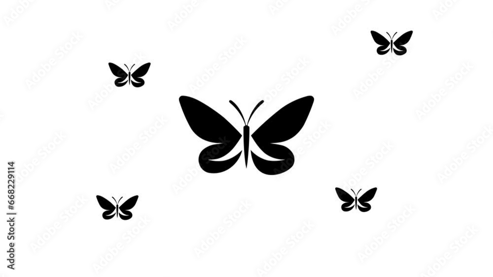 Zoom in and out animation the butterfly symbol. Large black symbol in the center and four small symbols around. Seamless looped 4k animation on white background Zoom in and out animation the butterfly symbol. Large black symbol in the center and four small symbols around. Seamless looped 4k animation on white background