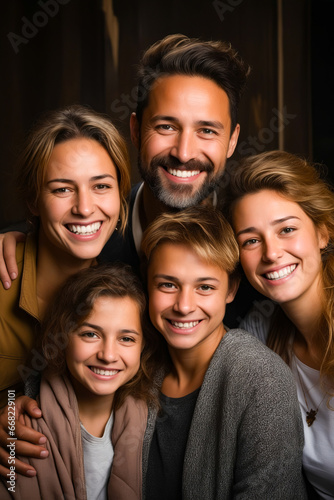 Family of four posing for picture together in photo studio.