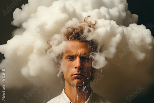Man with cloud of smoke over his head and tie.