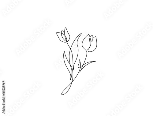 Continuous one line drawing of tulip flower. Tulips flower outline vector illustration.
