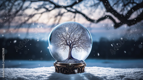 arvore dentro de bola de cristal em cenário de inverno 