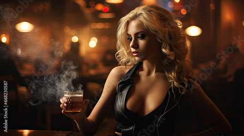 blonde beautiful woman in black dress in pub photo