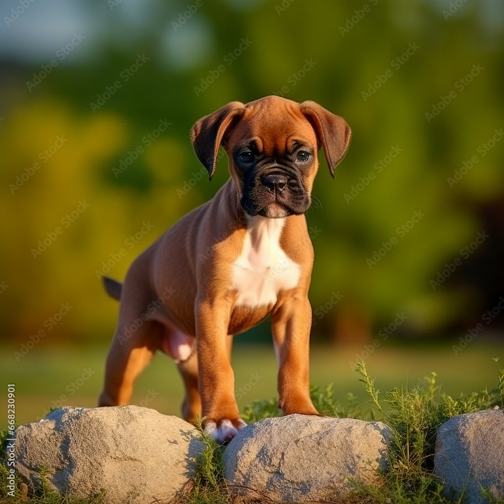 Boxer puppy standing on the green meadow in summer green field. Portrait of a cute Boxer pup standing on the grass with a summer landscape in the background. AI generated dog illustration. Boxer puppy standing on the green meadow in summer green field. Portrait of a cute Boxer pup standing on the grass with a summer landscape in the background. AI generated dog illustration.