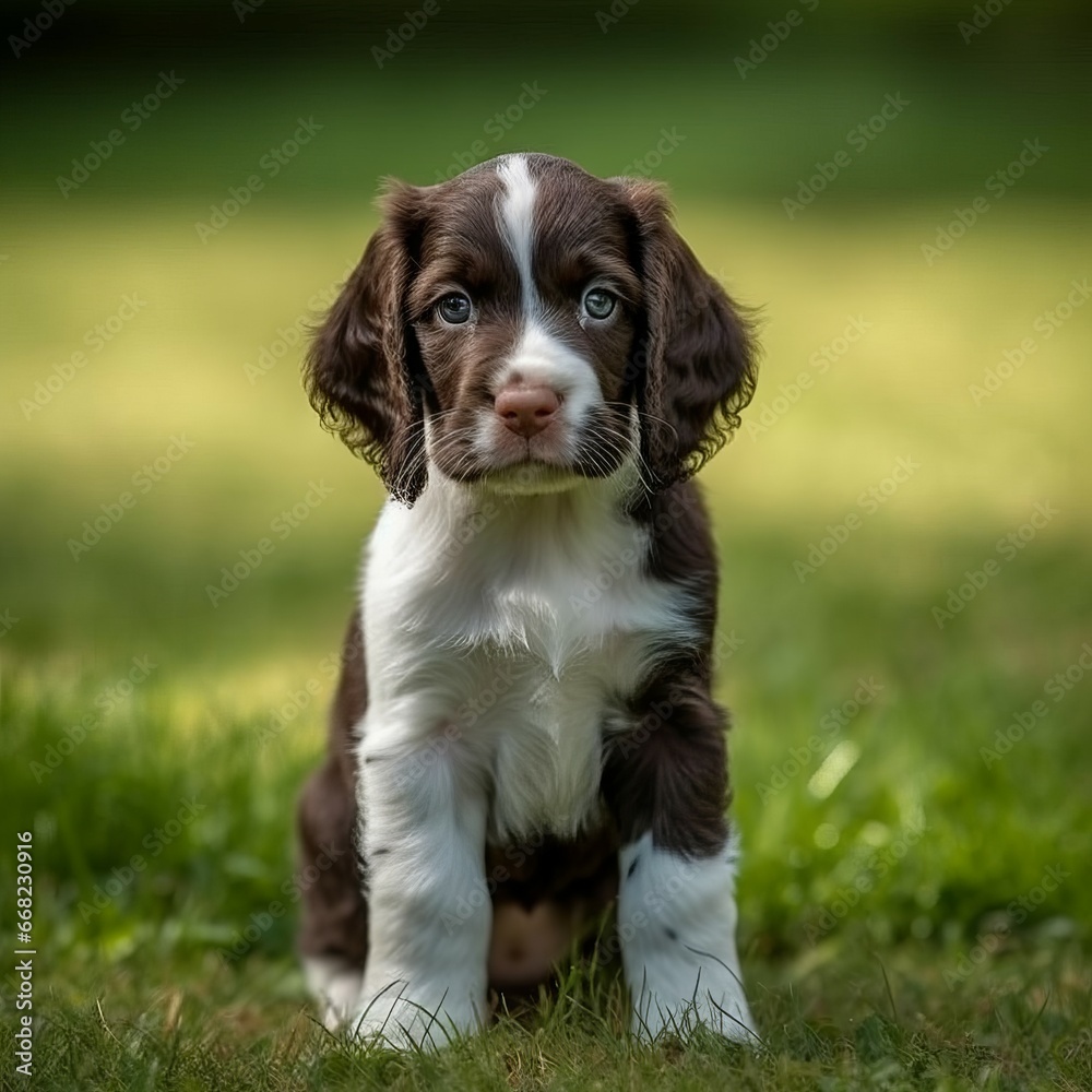 English Springer Spaniel puppy sitting on the green meadow in a summer green field. Portrait of a cute English Springer Spaniel pup sitting on the grass with a summer landscape in the background.