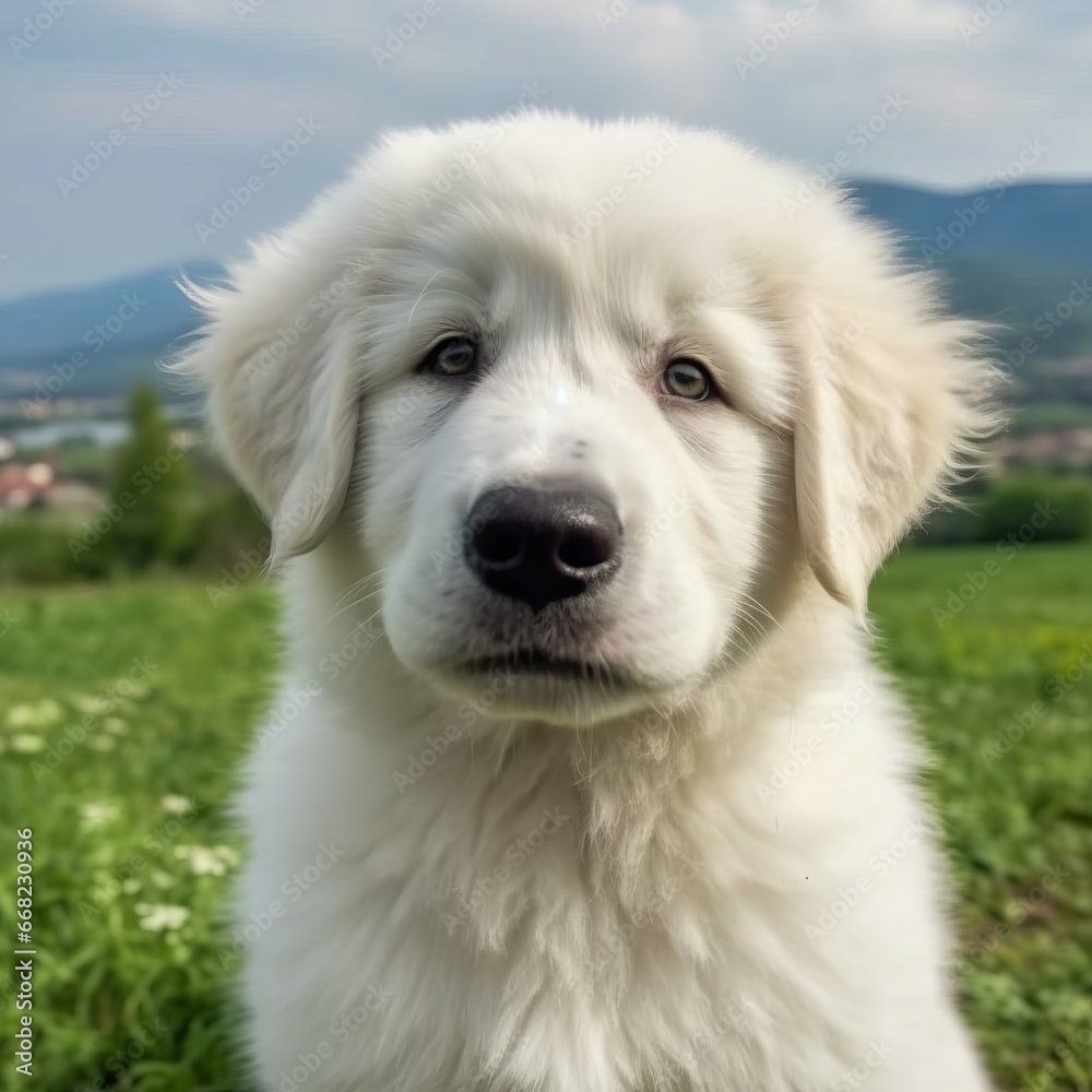 Great Pyrenees puppy portrait on a sunny summer day. Closeup portrait of a cute purebred Great Pyrenees pup in a field. Outdoor portrait of a beautiful puppy in a summer field. AI generated.