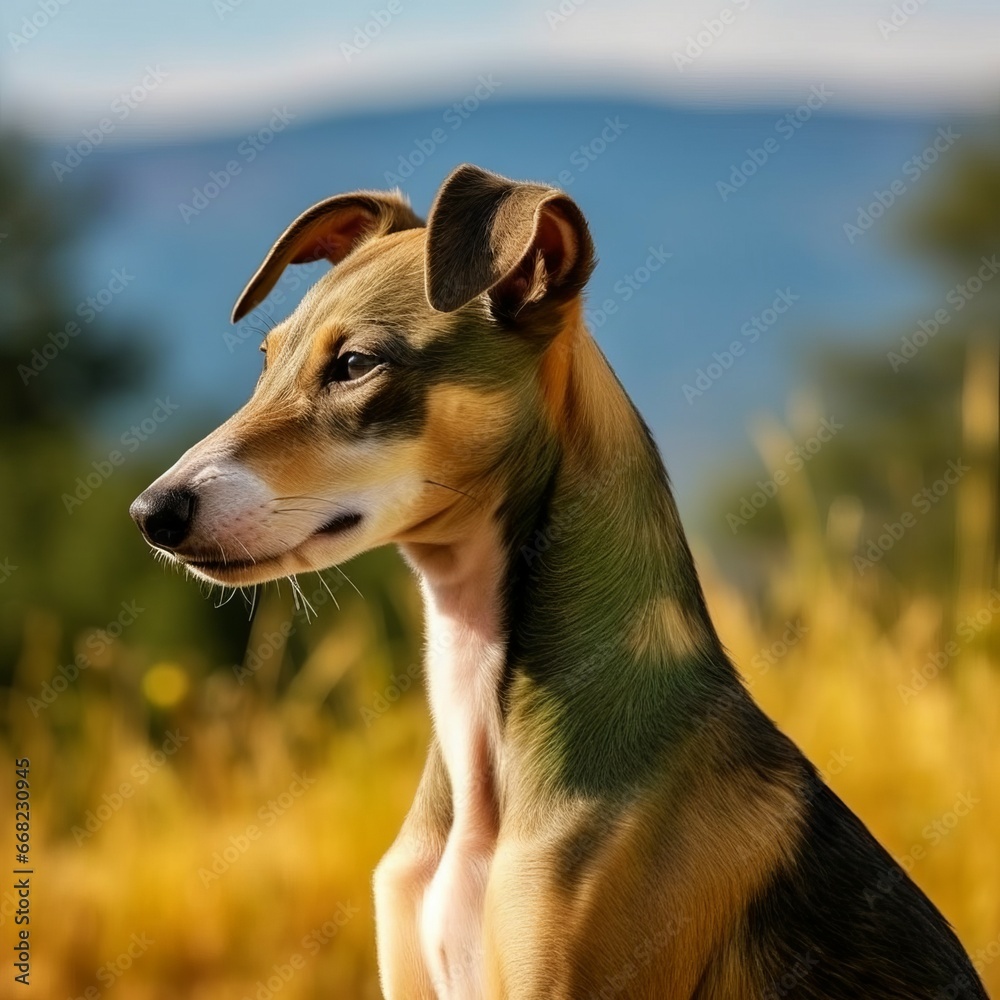 Obraz premium Greyhound puppy portrait on a sunny summer day. Closeup portrait of a cute purebred Greyhound pup in a field. Outdoor portrait of a beautiful puppy in a summer field. AI generated.