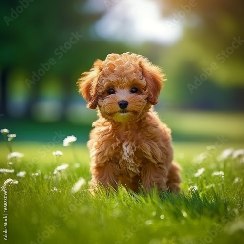 Poodle puppy sitting on the green meadow in a summer green field. Portrait of a Poodle pup sitting on the grass with a summer landscape in the background. AI generated dog illustration.