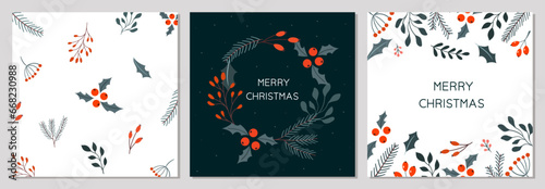 Christmas greeting cards template with berries, leaves, tree branches
