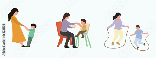 mother and son playing. Mother feeds son happily. Mother playing jump rope with son. mother bonding with son concept