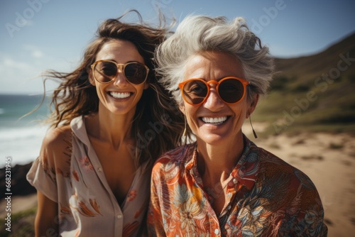 Madre e hija adulta viajando juntas en vacaciones, disfrutando de la vida.  photo