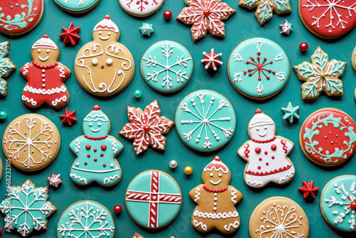 flat lay holiday festive decorated biscuits on green background. chistmas background. Ai generated photo