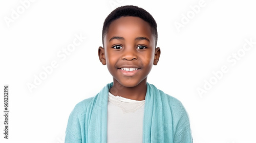 menino africano sorridente em fundo branco  photo