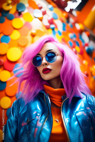 Woman with pink hair and sunglasses on colorful background.