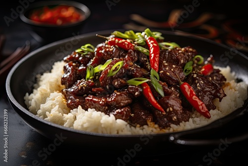 Mongolian Beef accompanied by a bed of steaming rice, employing a low aperture lens to emphasize the sumptuous textures and assertive flavors that tantalize the senses
