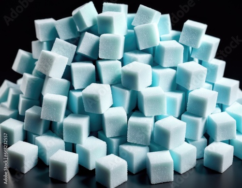 A pile of bluish sugar cubes on black background