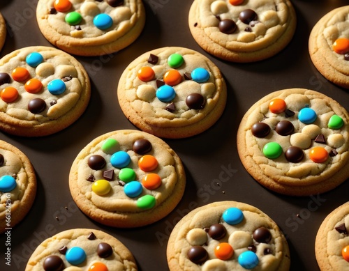 Background of cookies decorated with colorful round candies