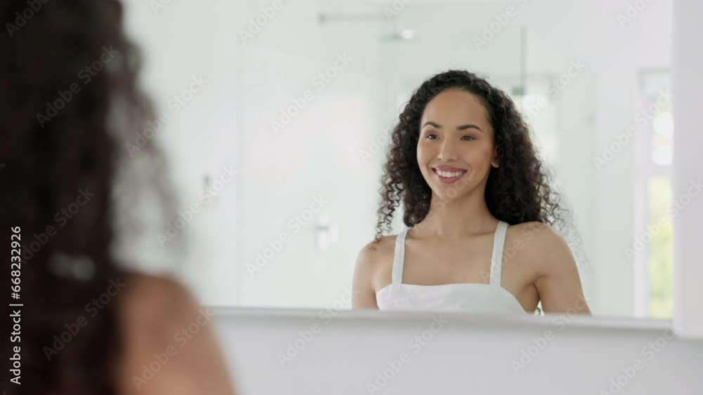 Happy woman, skincare and smile for hygiene, smell or clean armpit looking in bathroom mirror at home. Female smiling for fresh underarm, deodorant or cosmetics for healthy wellness with reflection Happy woman, skincare and smile for hygiene, smell or clean armpit looking in bathroom mirror at home. Female smiling for fresh underarm, deodorant or cosmetics for healthy wellness with reflection
