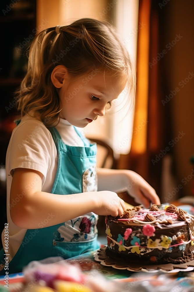 Child Lovingly Decorating a Birthday Cake with Colorful Frosting, Creating Sweet Memories