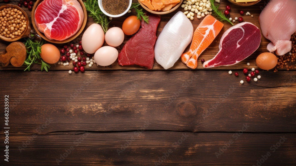 Protein from plants and animals on a wooden table and copy space, Protein food group Protein from plants and animals on a wooden table and copy space, Protein food group