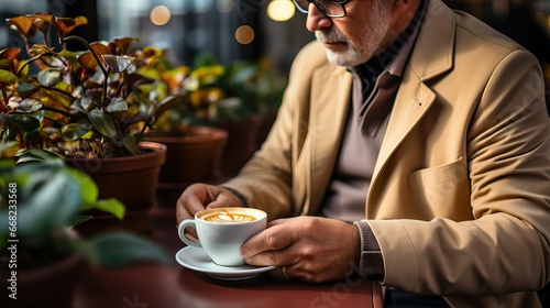 Retired Senior Gentleman Savoring a Fresh Cup of Coffee at a Cozy Cafe
