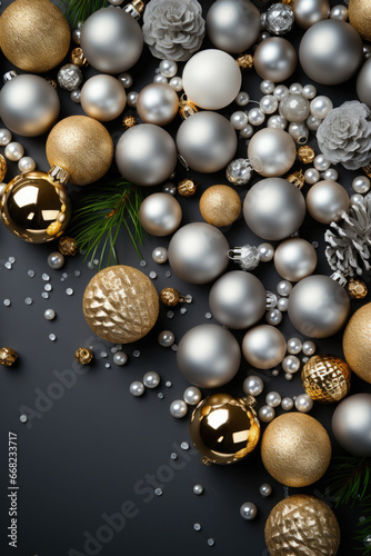 Beautiful christmas golden, silver baubles on dark black background. Flat lay design. Christmas card, background.Copy Space.