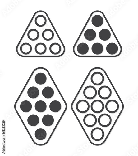 set Billiard balls and set triangle vector icon. filled flat sign for mobile concept and web design. Pool billiard balls in a rack glyph icon. Symbol, logo illustration. Pixel perfect vector graphics