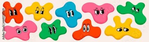 Retro cartoon amoeba shape funny faces. Groovy vintage 30s 60s 70s minimalistic faces with various emotions on abstract shapes photo