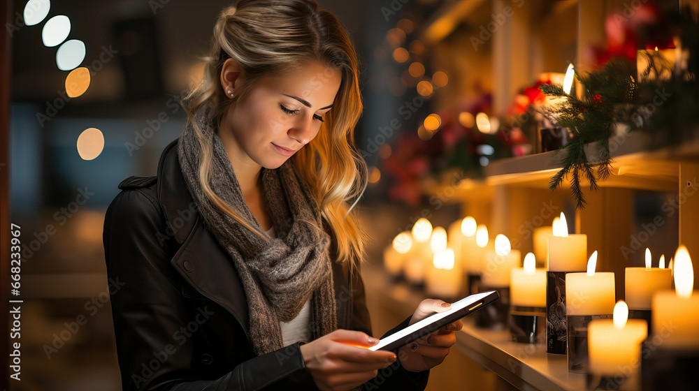 Woman using tablet to read a digital book, in vintage room with candle Woman using tablet to read a digital book, in vintage room with candle