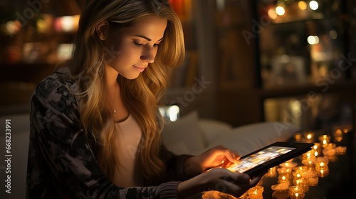 Woman using tablet to read a digital book, in vintage room with candle