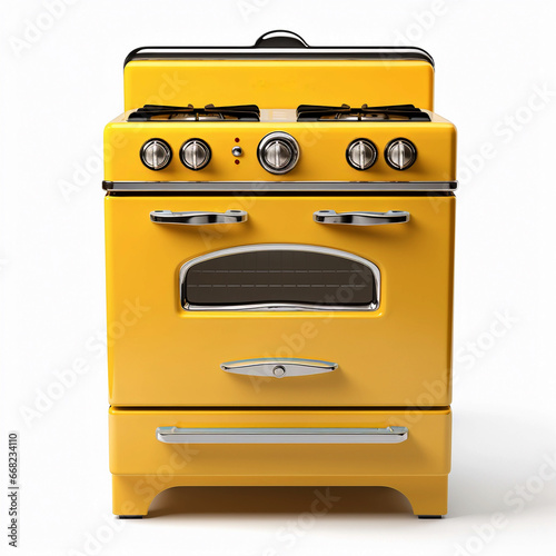 Yellow retro gas stove oven, vintage kitchen appliance, 3d, isolated, white background, front facing
